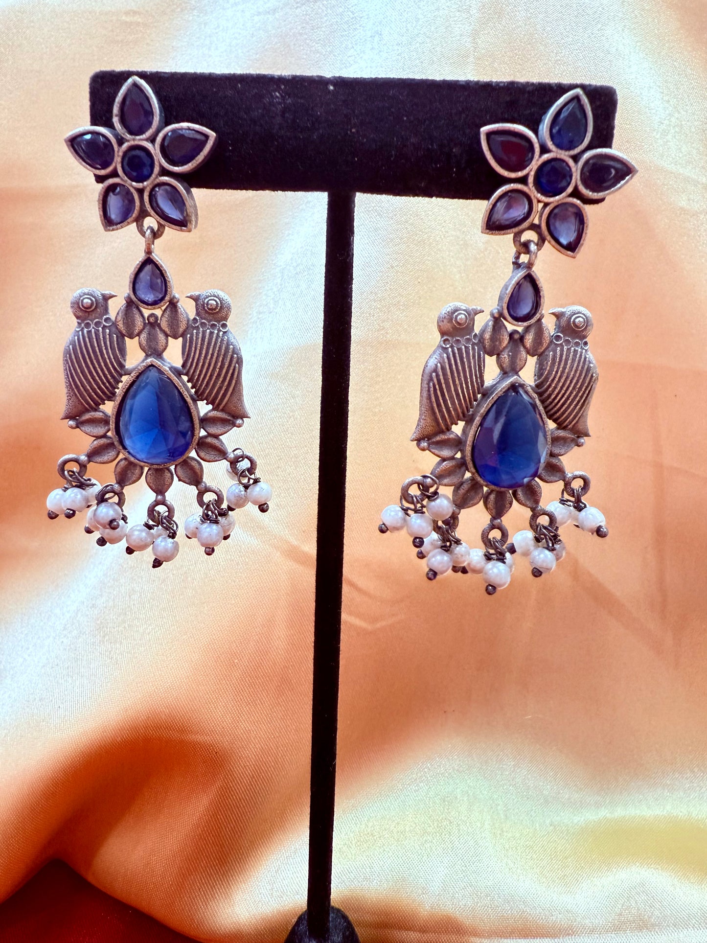 Appealing Oxidized Blue Stone And Beaded Work Bird Designs Earrings For Women