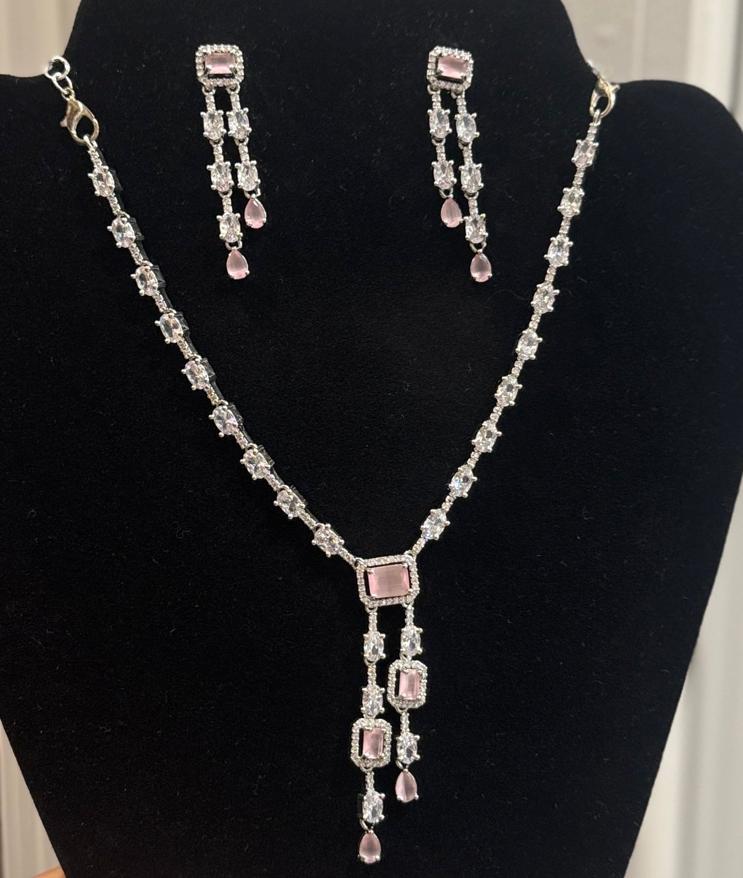 White And Pink Color Stones American Diamond Necklace With Earrings Near Me