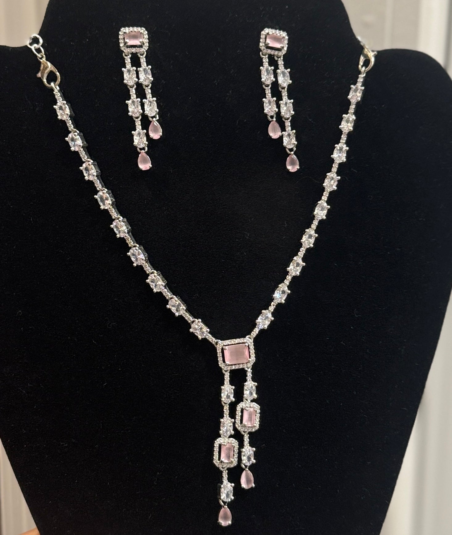 White And Pink Color Stones American Diamond Necklace With Earrings Near Me