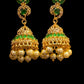 Marvelous White and Green Stones Gold Plated With Pearls Jhumka Earrings
