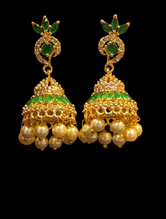 Marvelous White and Green Stones Gold Plated With Pearls Jhumka Earrings