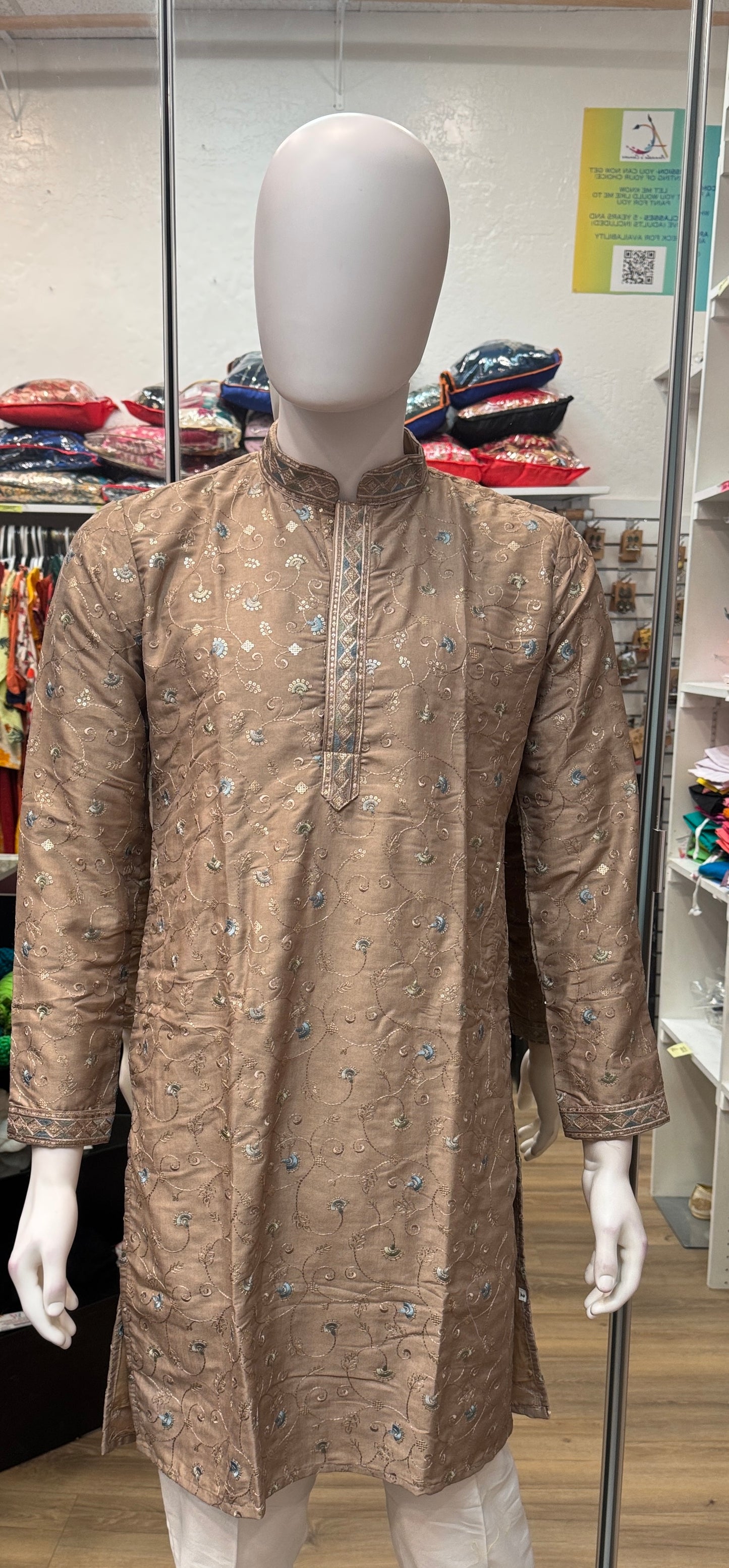 Appealing Brown Color Silk Kurta Suit With Embroidery Flower Work For Men