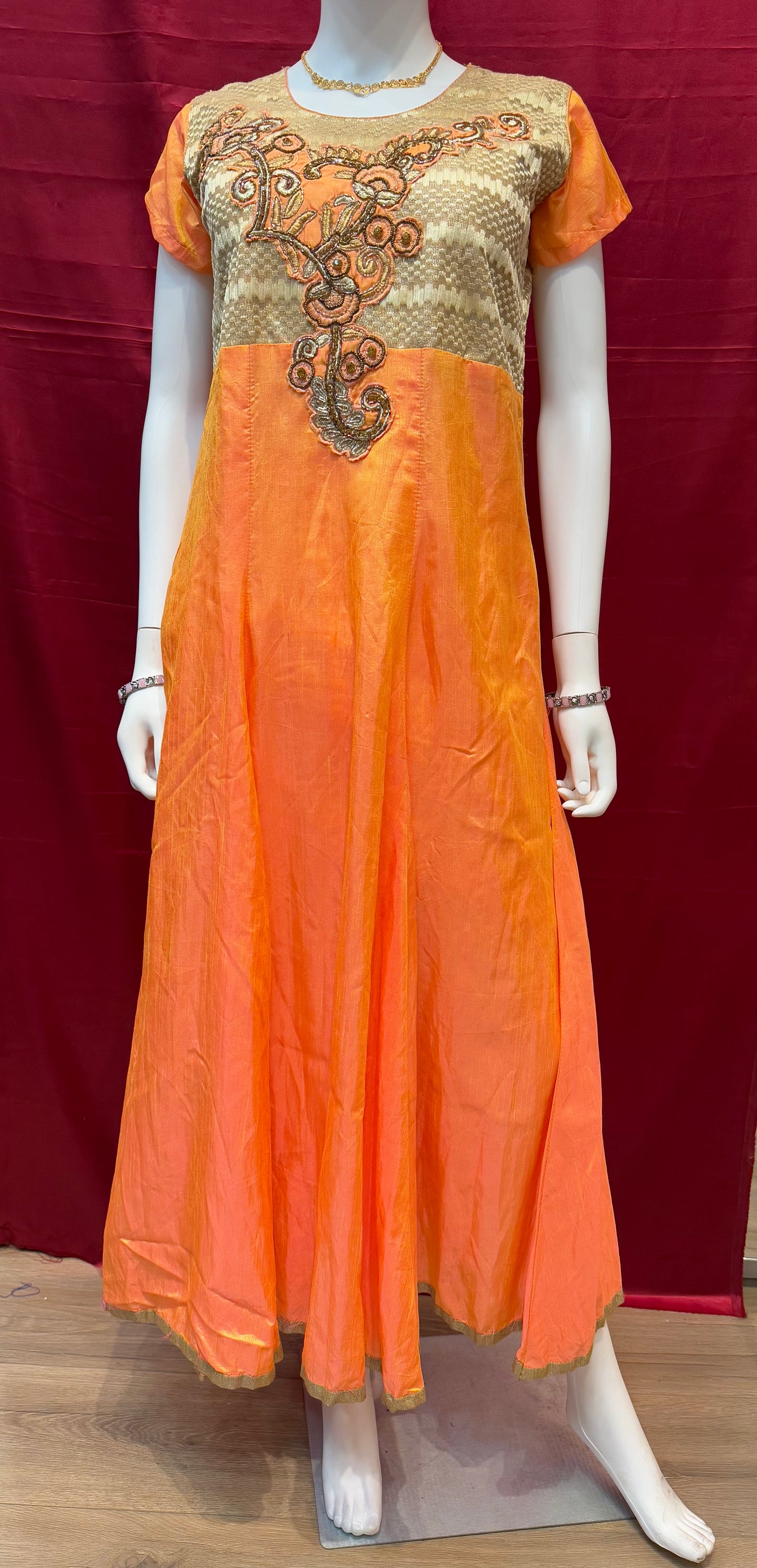 Trendy Designer Orange Color Long Dress With Embroidery Work