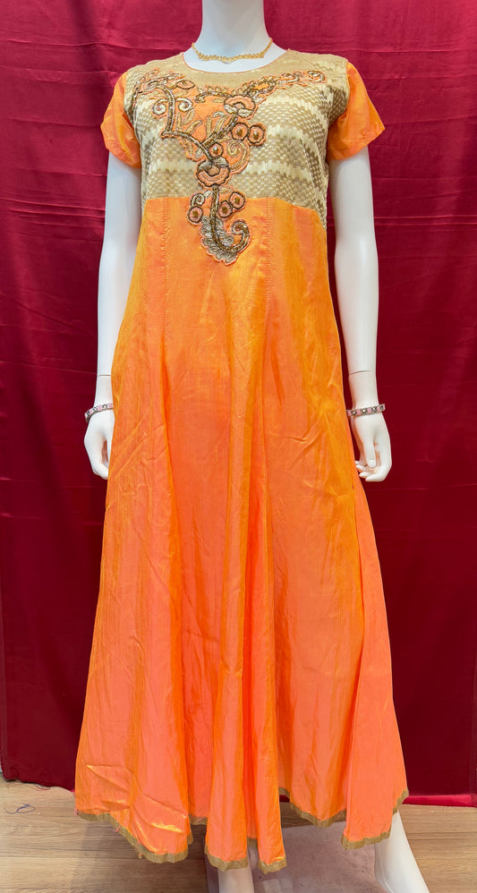 Trendy Designer Orange Color Long Dress With Embroidery Work