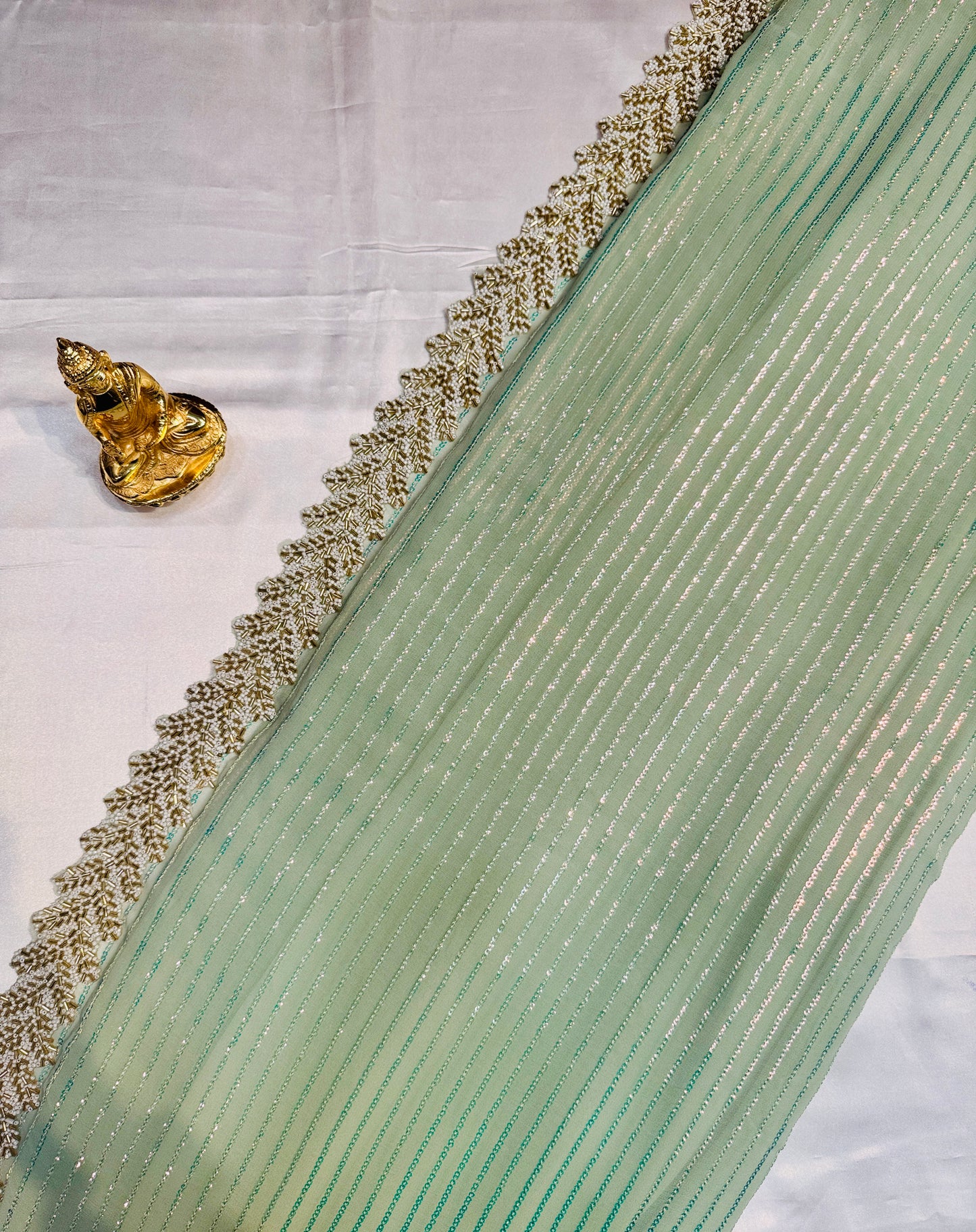 Attractive Pastel Green Color Soft Georgette Sequins With Beaded Lace Border Fancy Saree - PREMIUM QUALITY