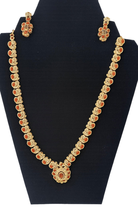 Elegant Gold Plated Peach and white Stones Long Haram Set with Matching Earrings
