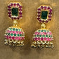 Beautiful Multicolor Gold Plated Earrings With Green and Dark Pink Color Stones For Women