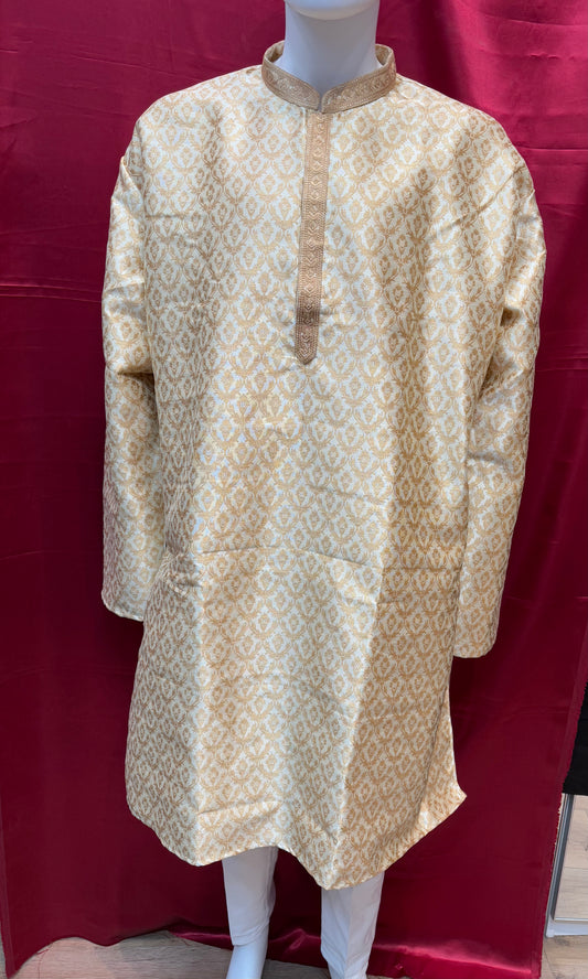 Light Gold Color Zari Brocade with Linning Embroidery work Kurta  Pajama Pant for Men