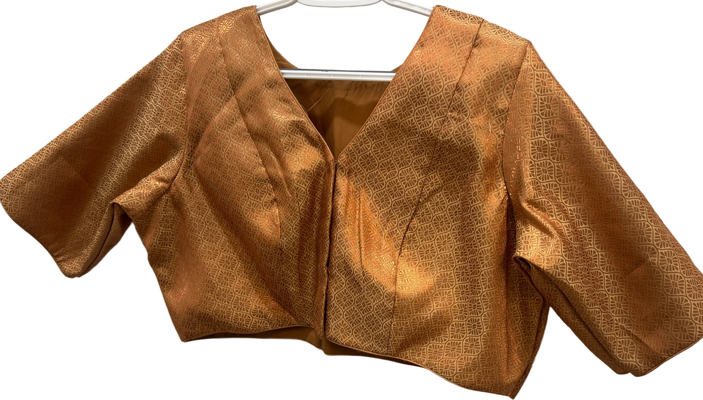 Alluring Front Open Rose Gold Color Jacquard Elbow Sleeve Readymade Blouse For Women