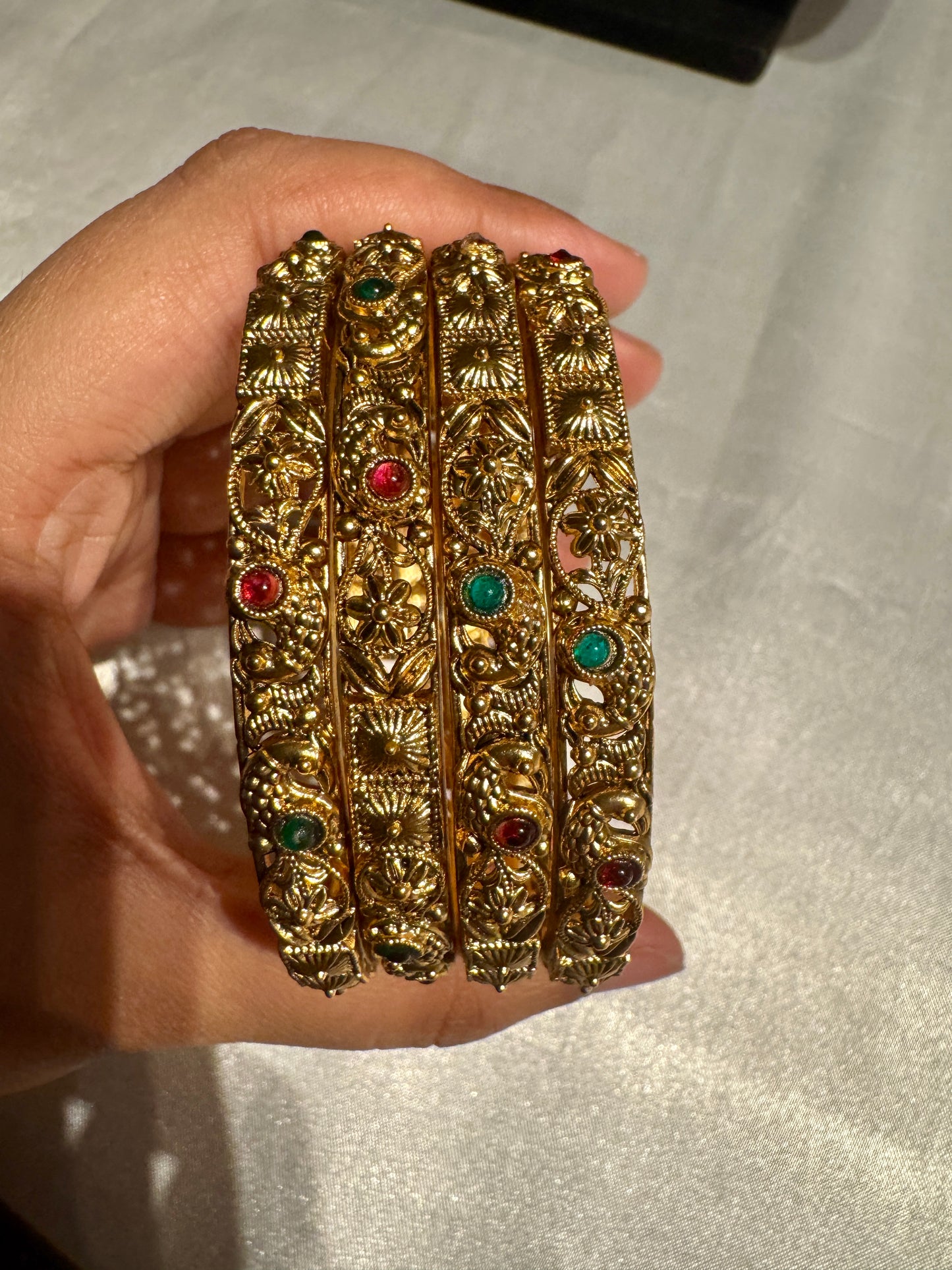 Red And Green Stones Studded Antique Gold Bangles In USA