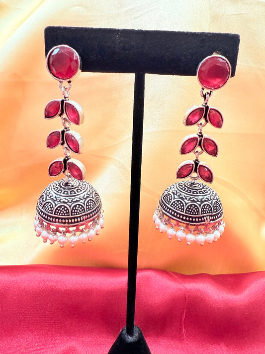 Alluring Beautiful Maroon Color Oxidized Jhumka Earrings For Women