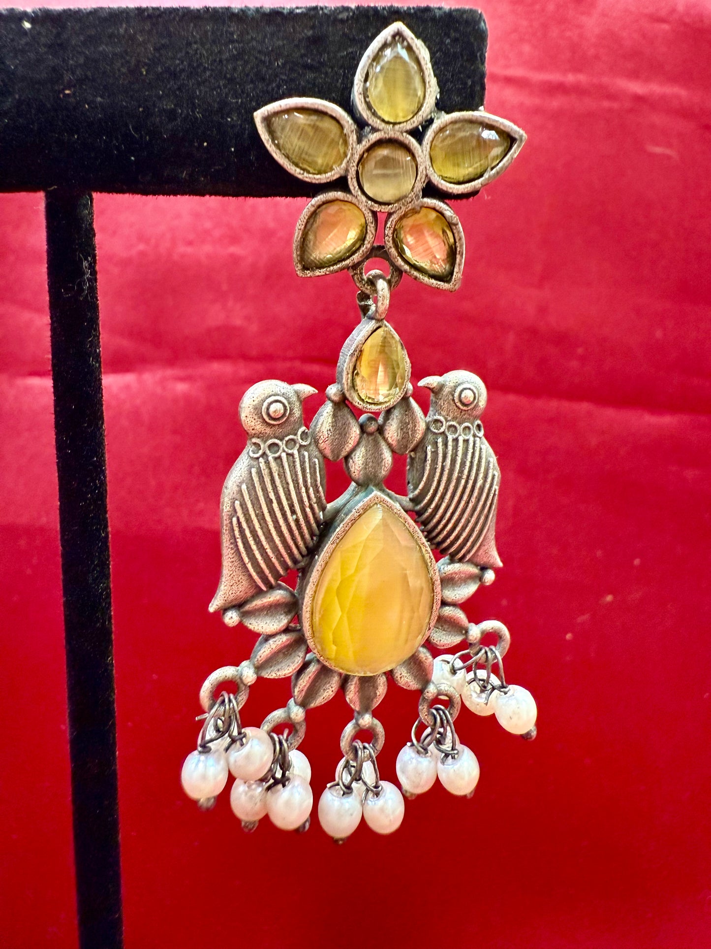 Appealing Oxidized Yellow Stone And Beaded Work Bird Designs Earrings For Women