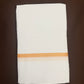 Pretty Men's White Premium Pure Cotton Light Orange Zari Border Dhoti