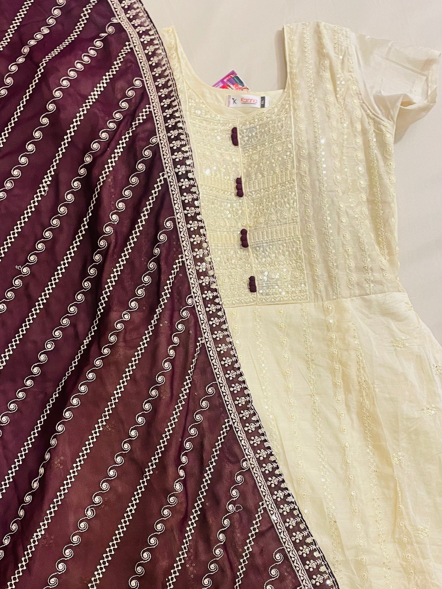 Awesome Ivory And Maroon Colored Silk Cotton Kurti With Bottom And Dupatta