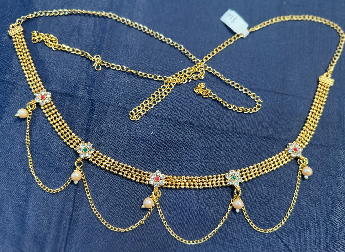 Pretty Gold Plated Beaded Red & Green Stones & Pearl Drop Hip Chain Near Me