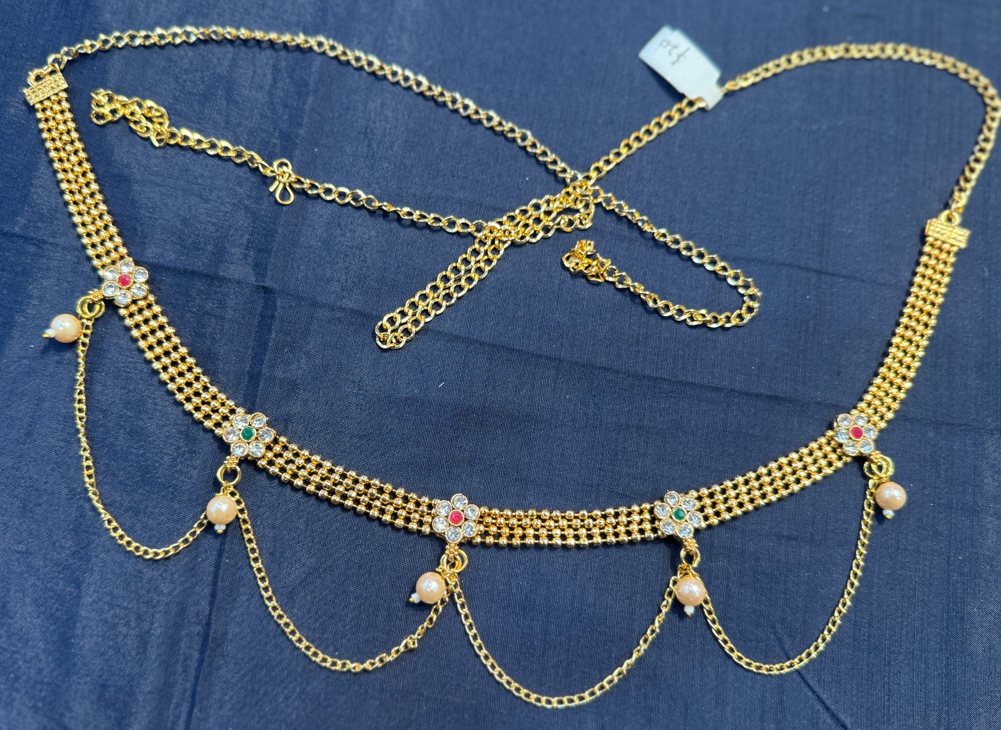 Pretty Gold Plated Beaded Red & Green Stones & Pearl Drop Hip Chain Near Me