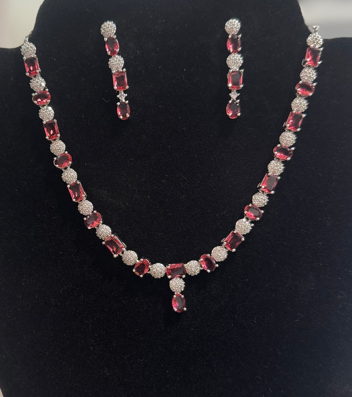 Attractive American Diamond Pink Color Stones Necklace And Earrings Set