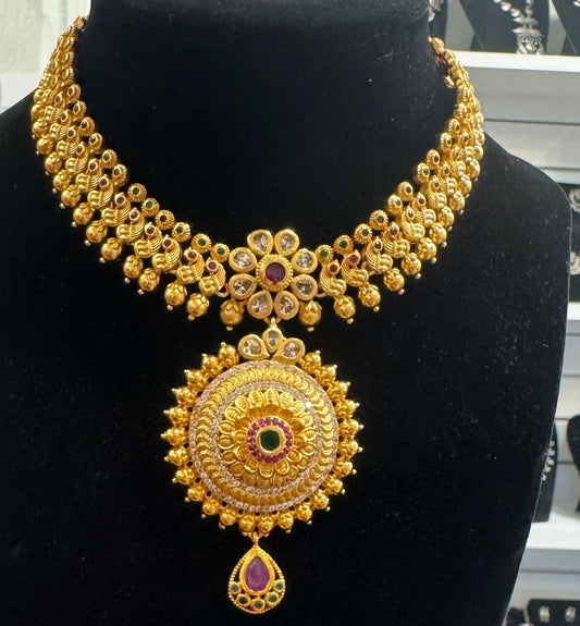 Traditional Dark Pink And Green Color Stones Studded Gold Plated Necklace With Earings