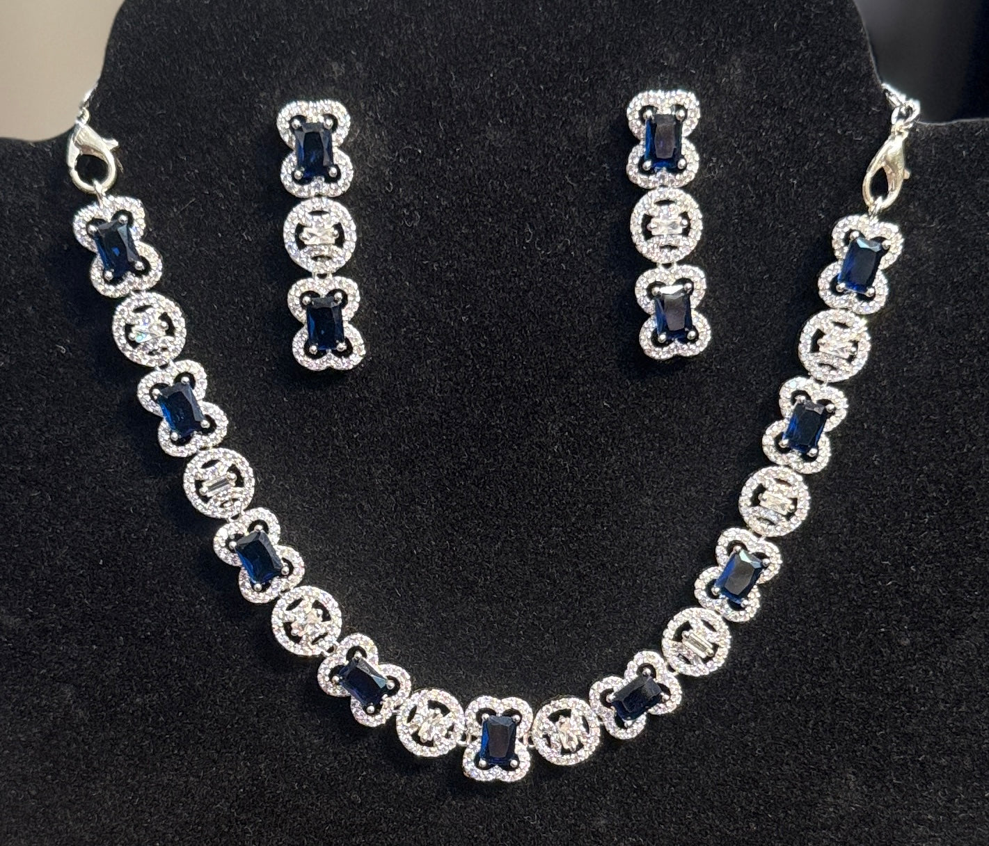 Fabulous Blue Color Stone Studded American Diamond Necklace With Earrings Set
