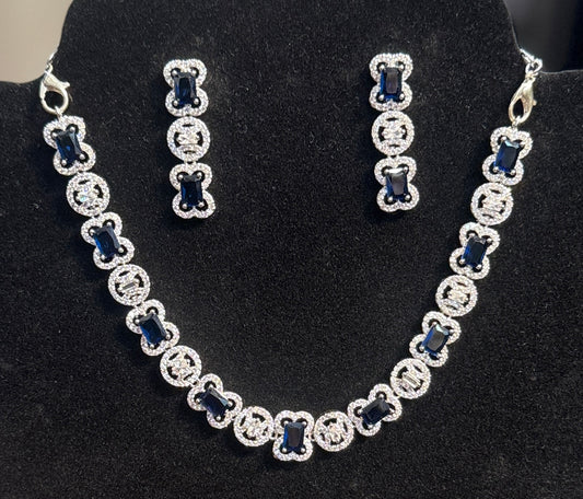 Fabulous Blue Color Stone Studded American Diamond Necklace With Earrings Set