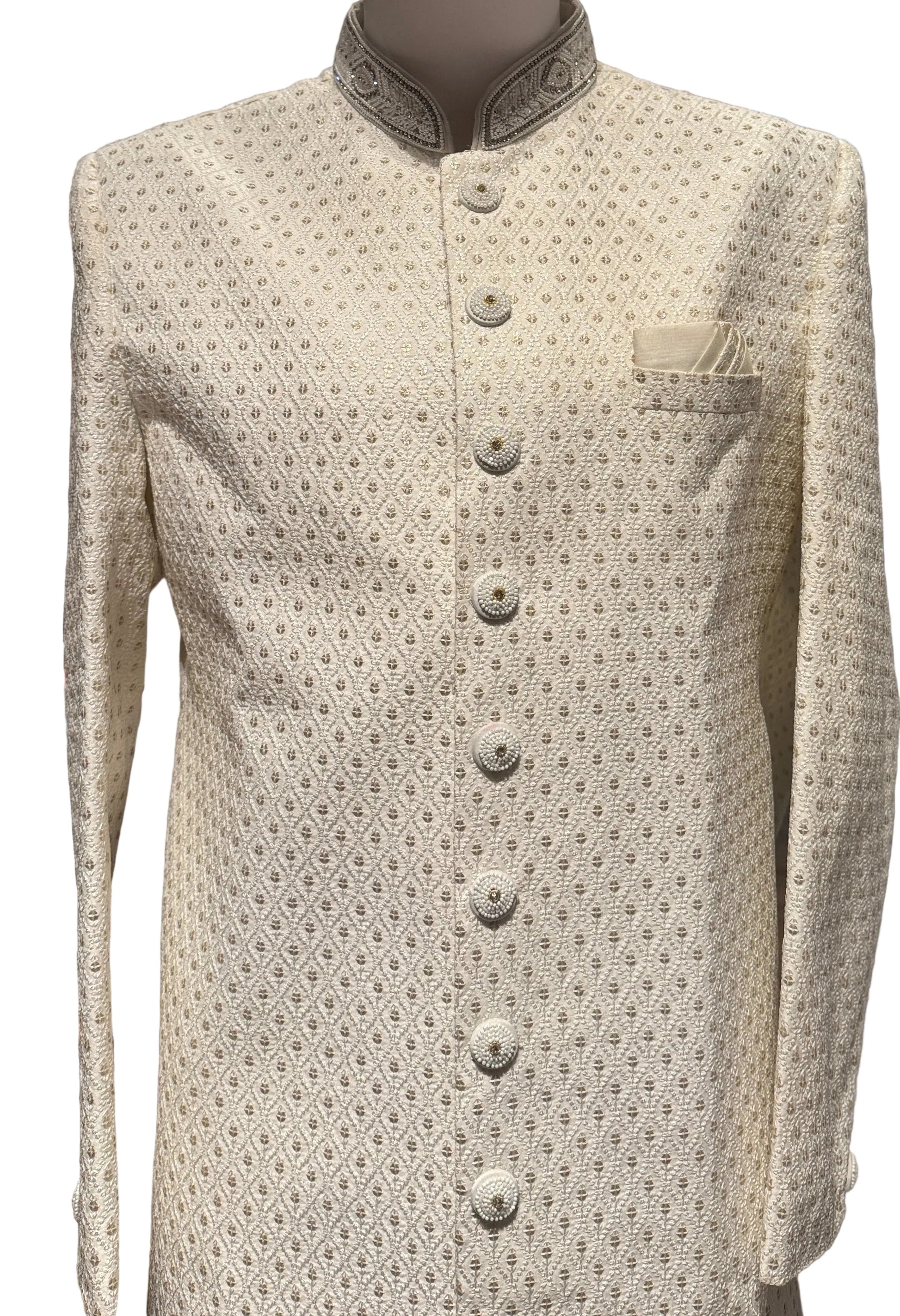 Attractive White Color Jacquard With Hand Embroidery Work Sherwani Suit For Men - PREMIUM QUALITY