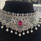 Pretty Dark Pink Color Stone American Diamond Choker With Earrings Set 