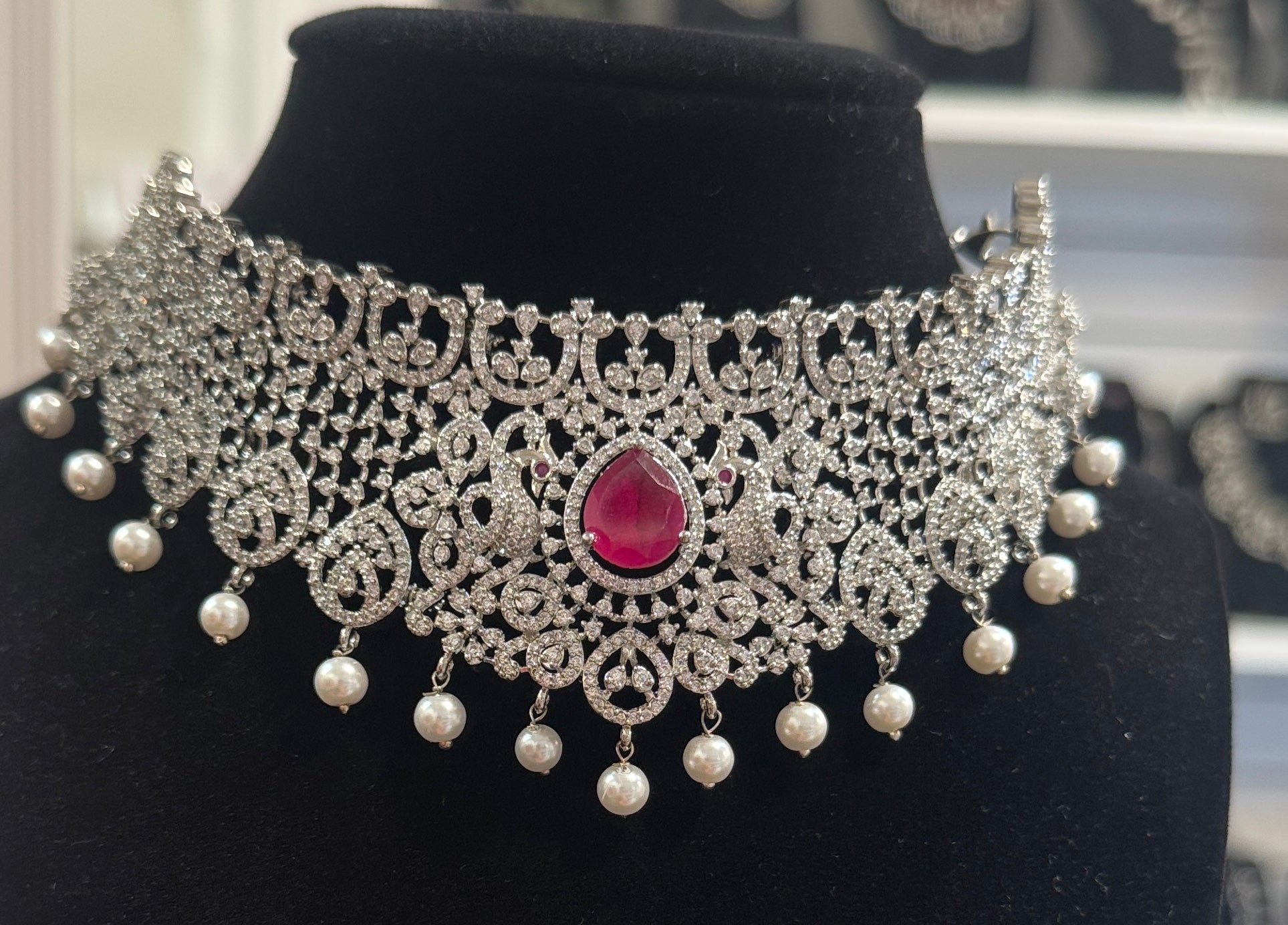 Pretty Dark Pink Color Stone American Diamond Choker With Earrings Set 