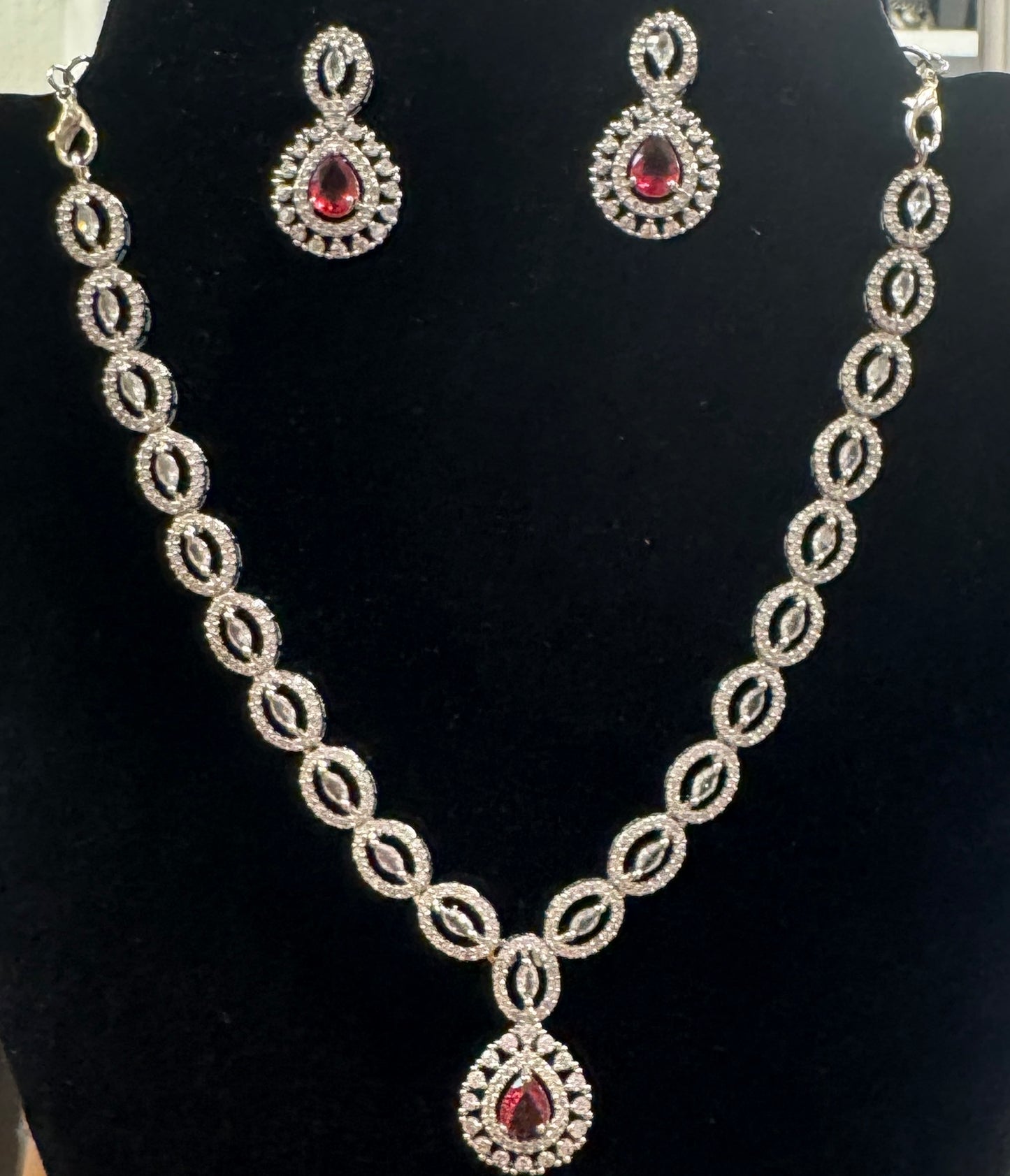 Stunning American Diamond Dark Pink Stone Necklace With Earrings