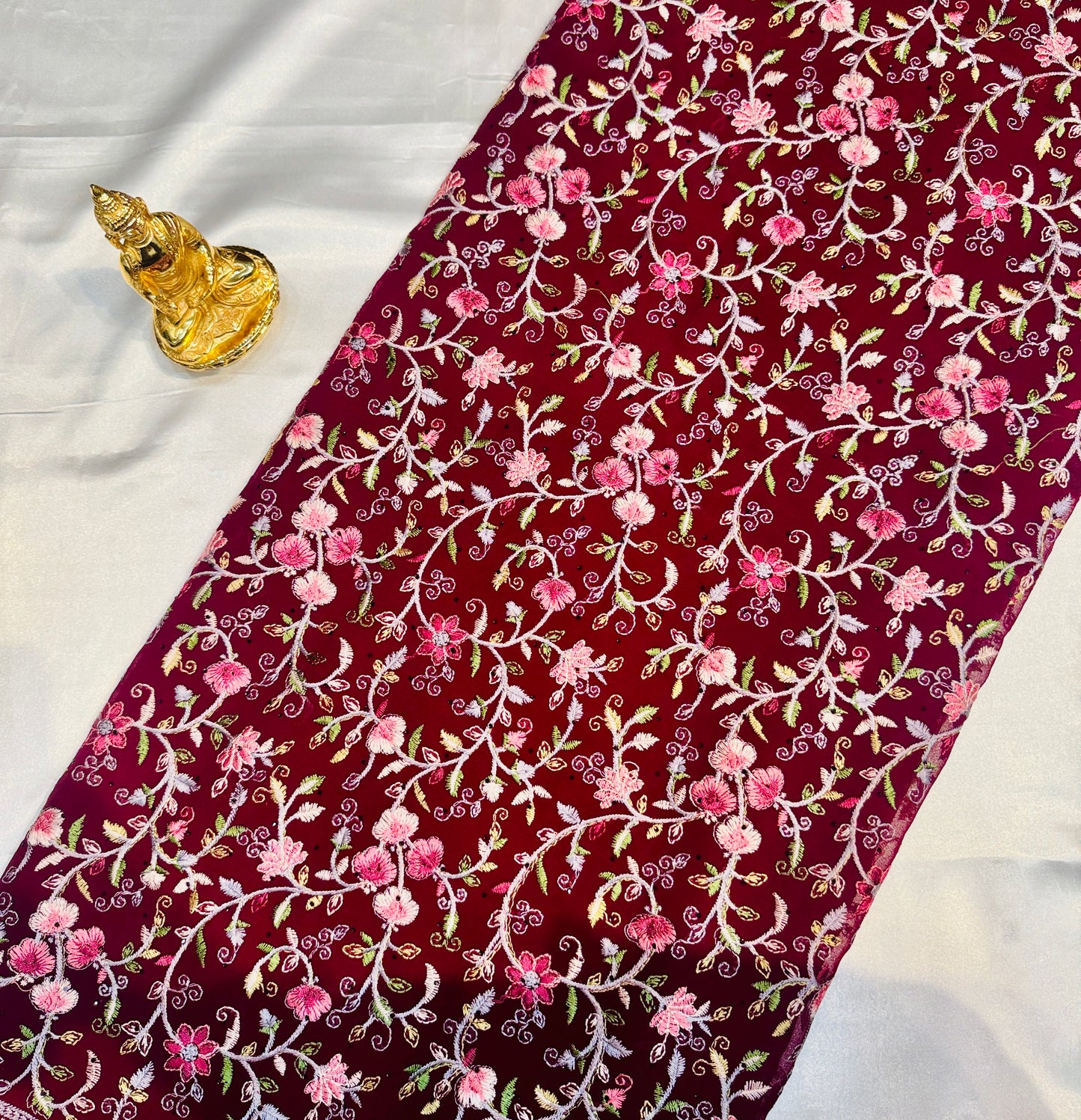 Beautiful Plum Color Soft Georgette Embroidered Work With White Stone Fancy Saree - PREMIUM QUALITY