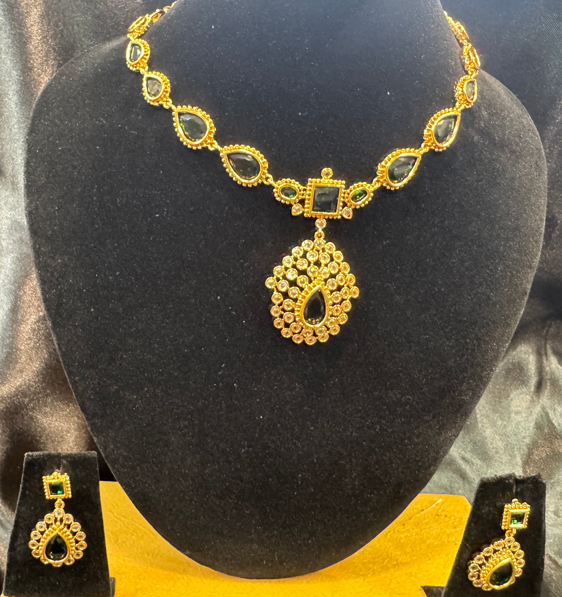 Stunning Dark Green Color Stones Gold Plated Necklace With Earrings Set For Women