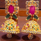 Alluring Dark Pink And Green Stones Gold Plated Earrings For Women