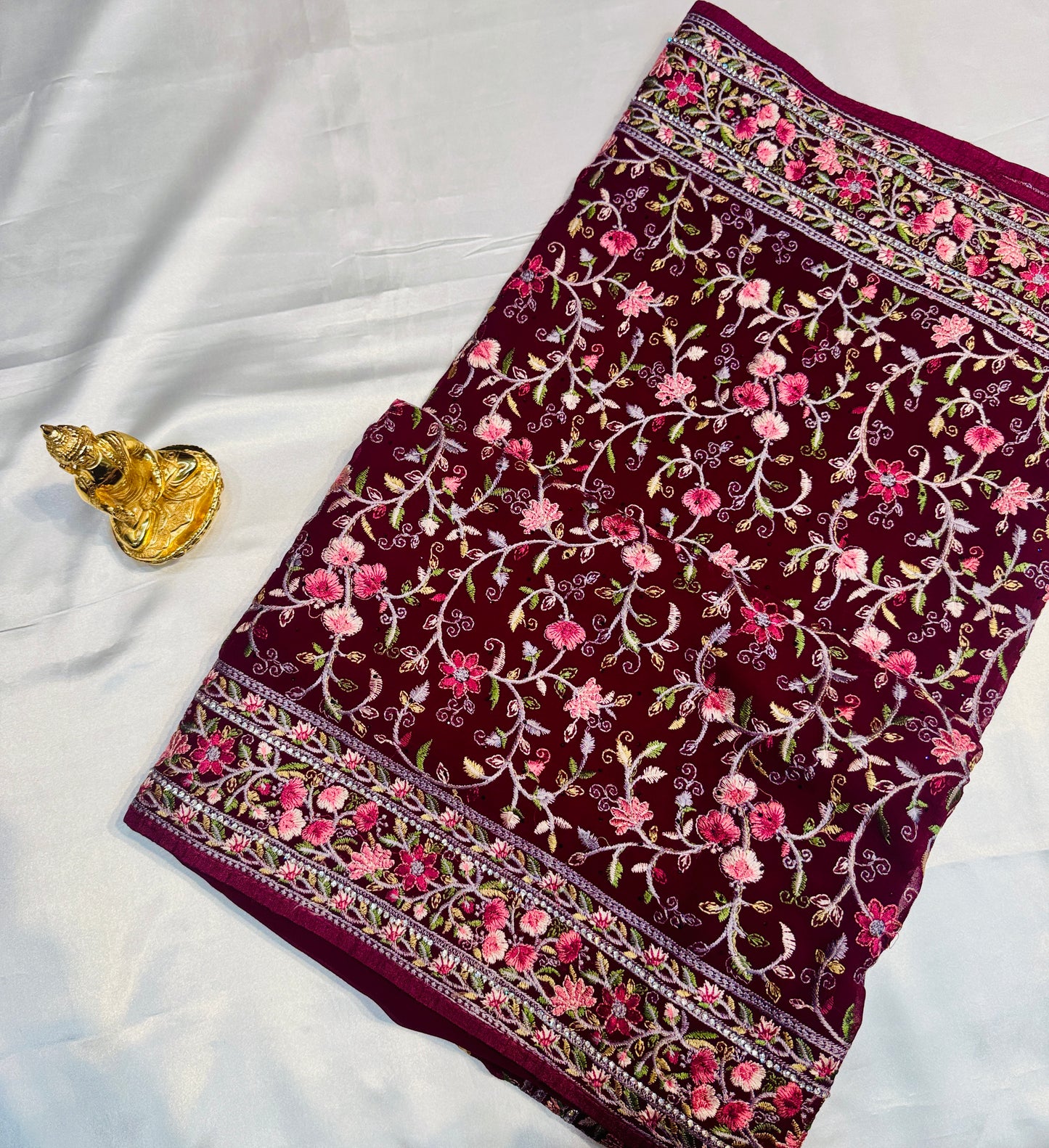Beautiful Plum Color Soft Georgette Embroidered Work With White Stone Fancy Saree - PREMIUM QUALITY