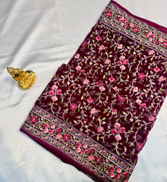 Beautiful Plum Color Soft Georgette Embroidered Work With White Stone Fancy Saree - PREMIUM QUALITY