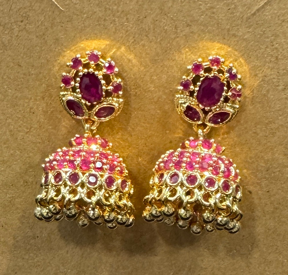 Pretty Gold Plated Earrings With Dark Pink Color Stones Near Me