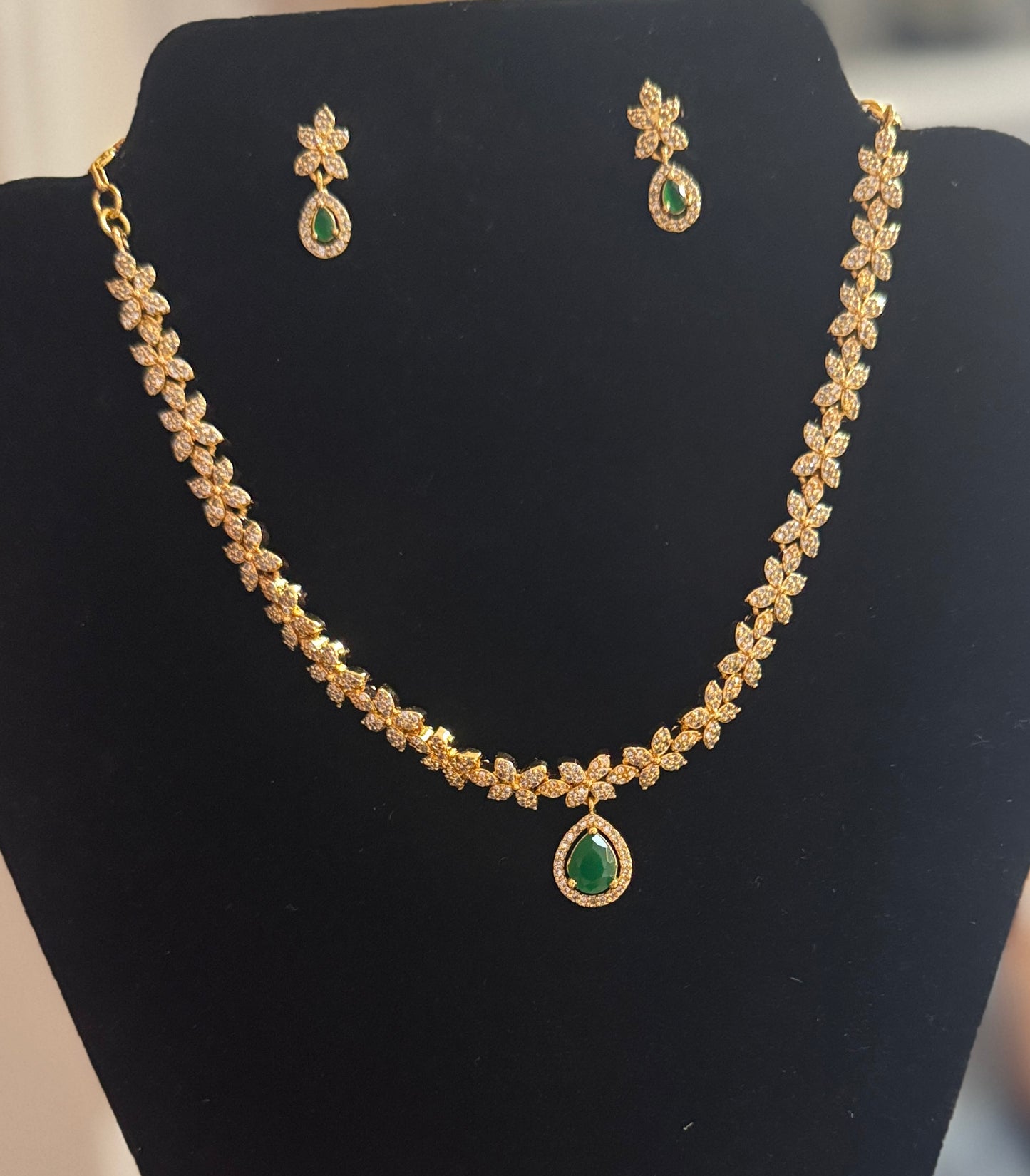 Beautiful White and Green Color Stones Gold Plated Necklace With Earrings Near Me
