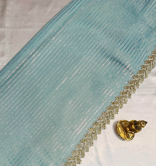 Fabulous Ice Blue Color Soft Georgette Sequins With Beaded Lace Border Fancy Saree - PREMIUM QUALITY
