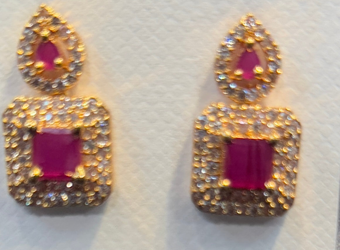 Dark Pink Color Stones With Gold Plated Earrings In USA