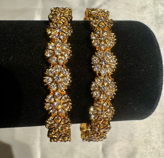 Elegant Gold Plated With Flower Design White Stones Embedded Bangles