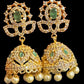 Pretty Green Stones Gold Plated With Pearls Jhumkas
