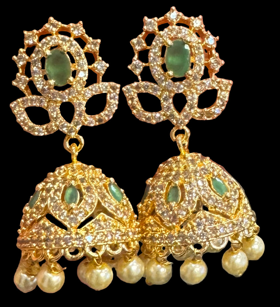 Pretty Green Stones Gold Plated With Pearls Jhumkas