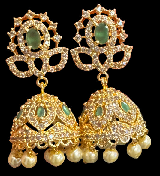 Pretty Green Stones Gold Plated With Pearls Jhumkas