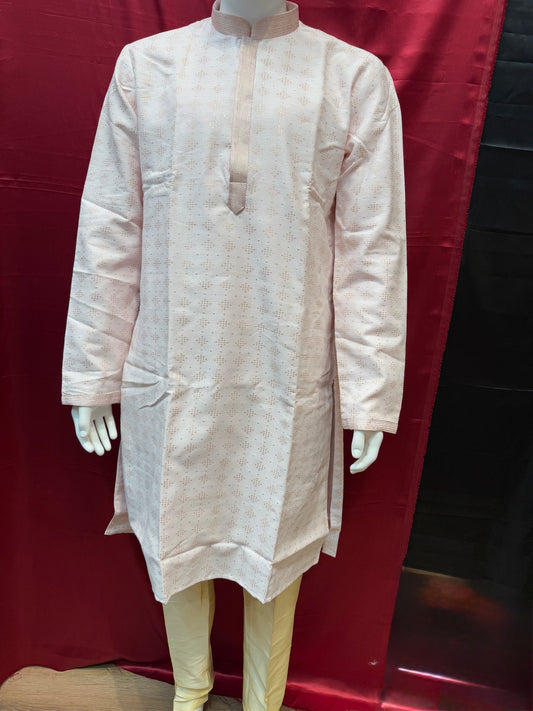 Attractive Light Pink Color Brocade Kurta Suit For Men