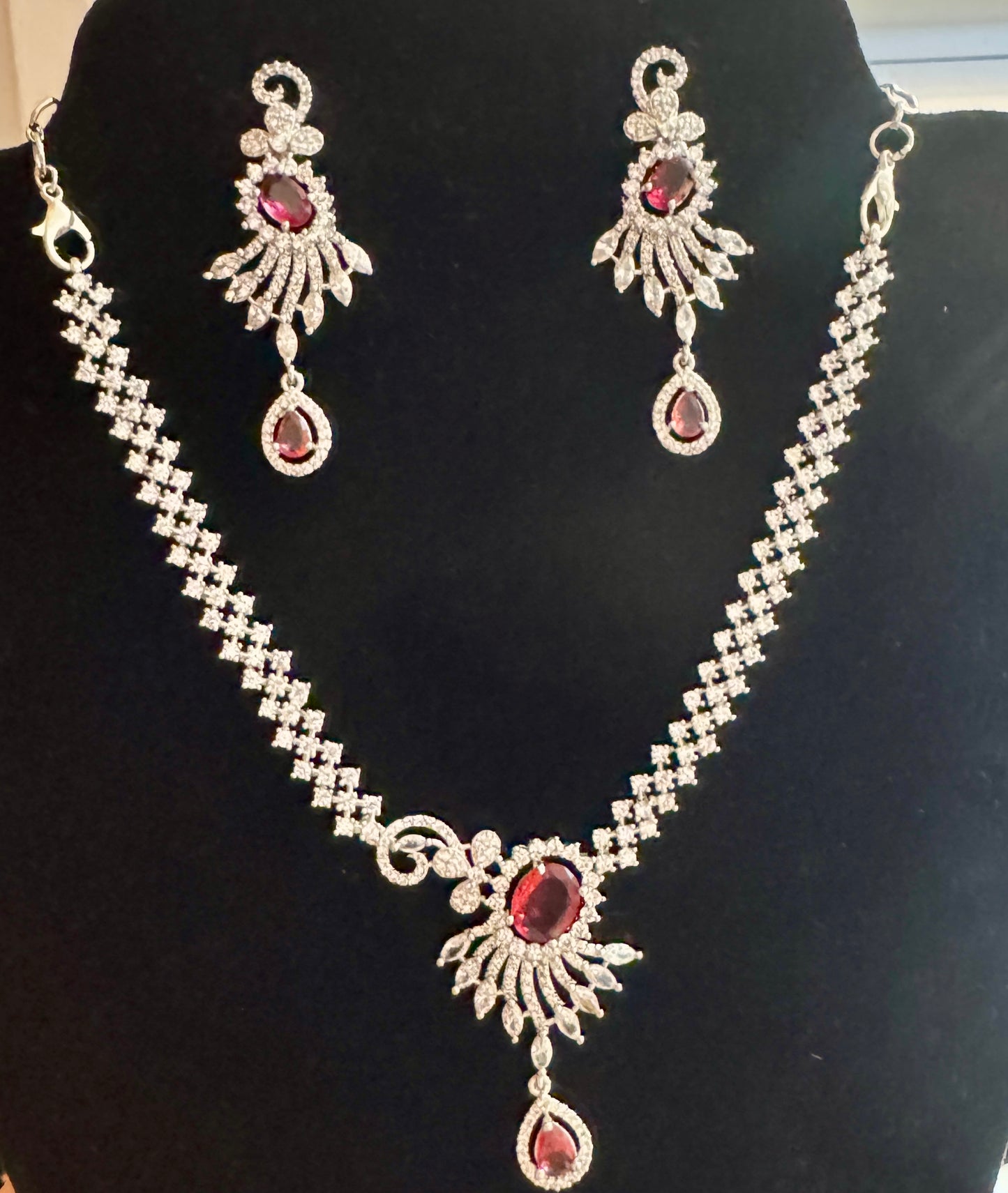 Alluring White And Red Color Stones American Diamond Necklace With Earrings Near Me