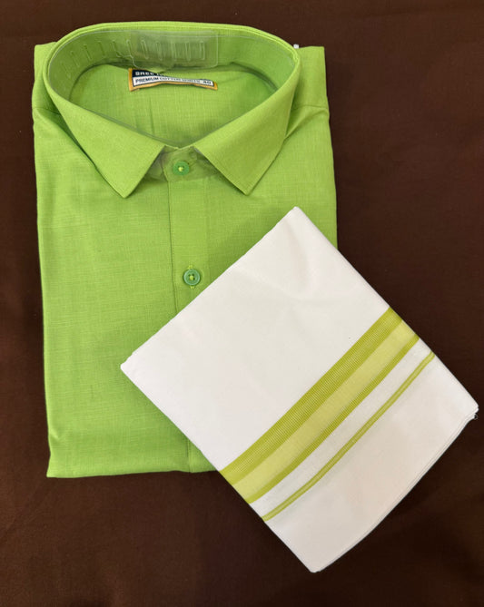 Beautiful Leaf Green Mens Cotton Shirt With Border Dhoti