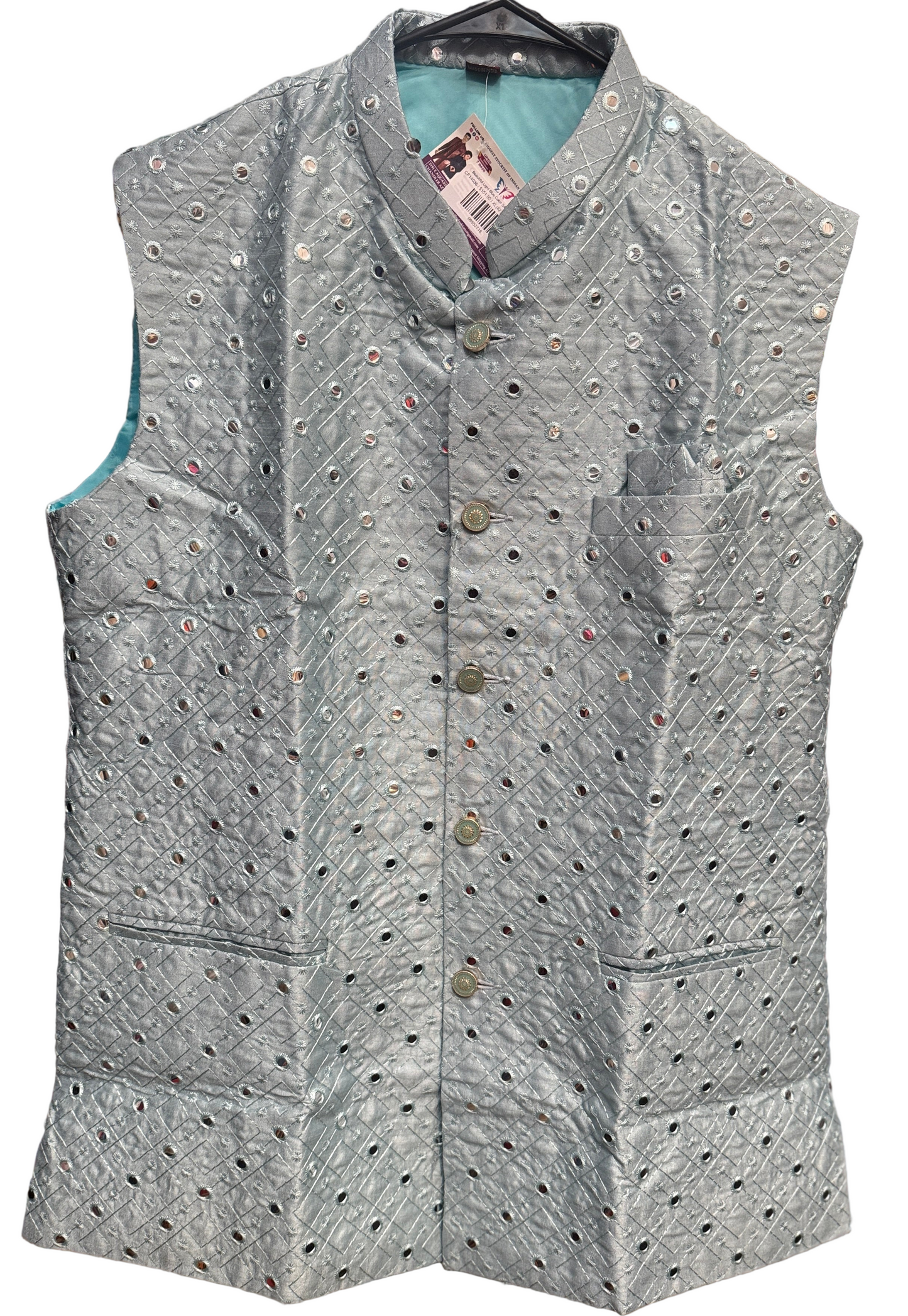 Elegant Light Blue Colored Mens Koti Jacket With Mirror Work In USA
