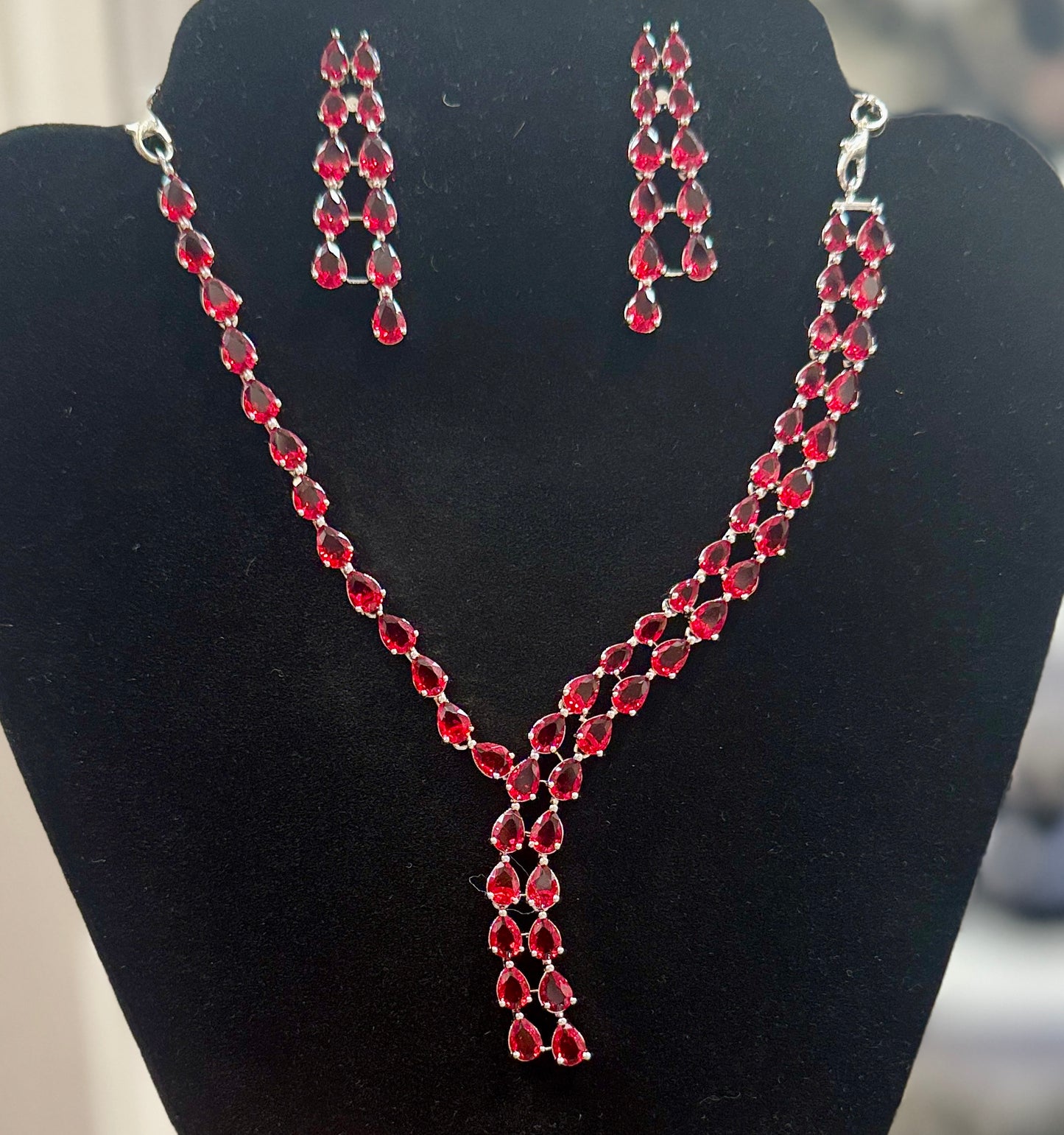 Red Color Stones American Diamond Necklace With Earrings Sets Near Me