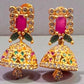 Alluring Dark Pink And Green Stones Gold Plated Earrings For Women