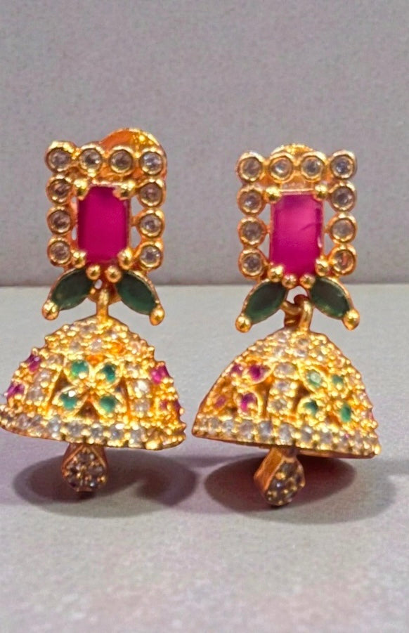 Alluring Dark Pink And Green Stones Gold Plated Earrings For Women