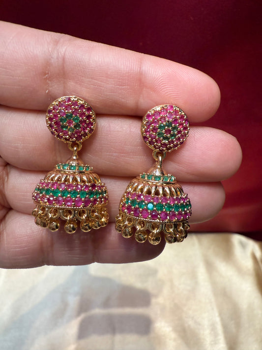 Dazzling Gold Plated Design Jhumka With Hot Pink Stone For Women