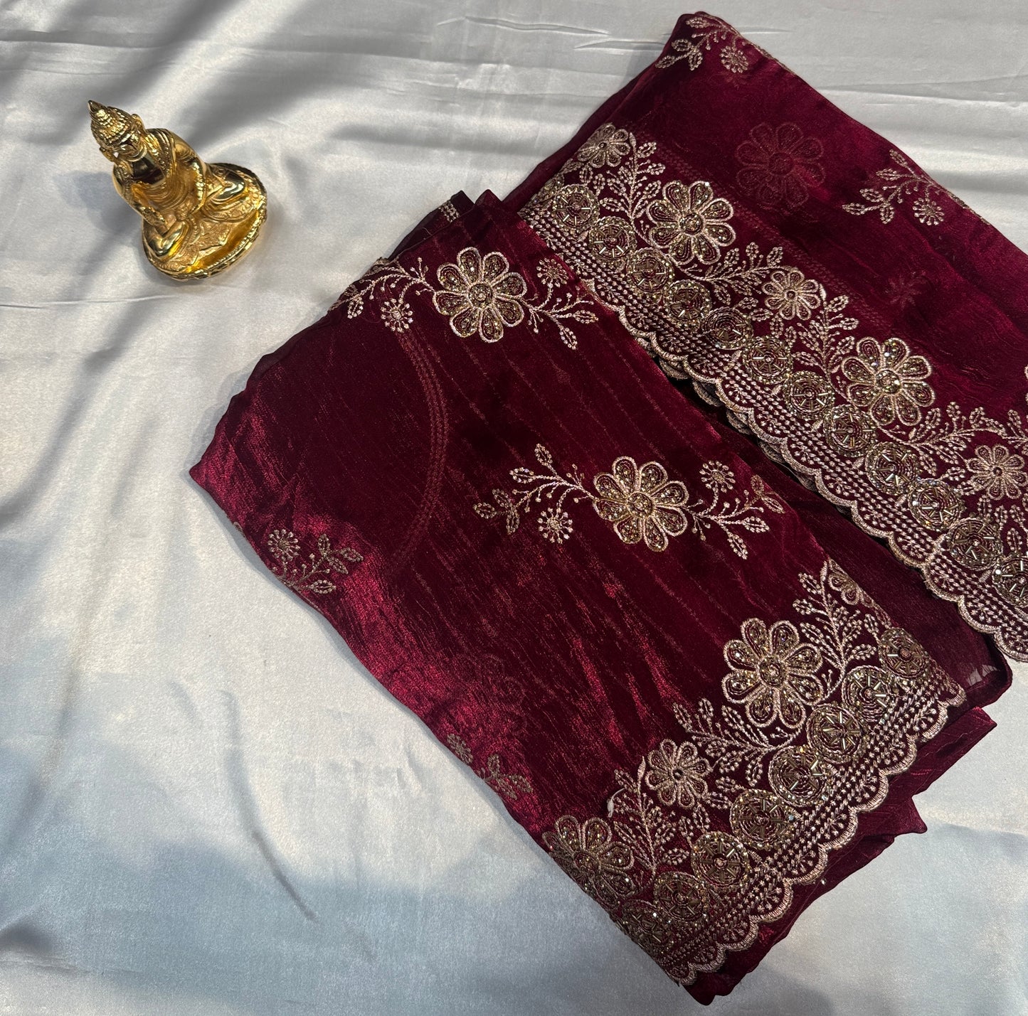 Splendid Dark Wine Color Soft Chiffon With Embroidery And Stone Work Fancy Saree - PREMIUM QUALITY